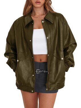 Womens Olive Green Faux Leather Jacket Oversized Y2k Autumn Imported Winter Coat